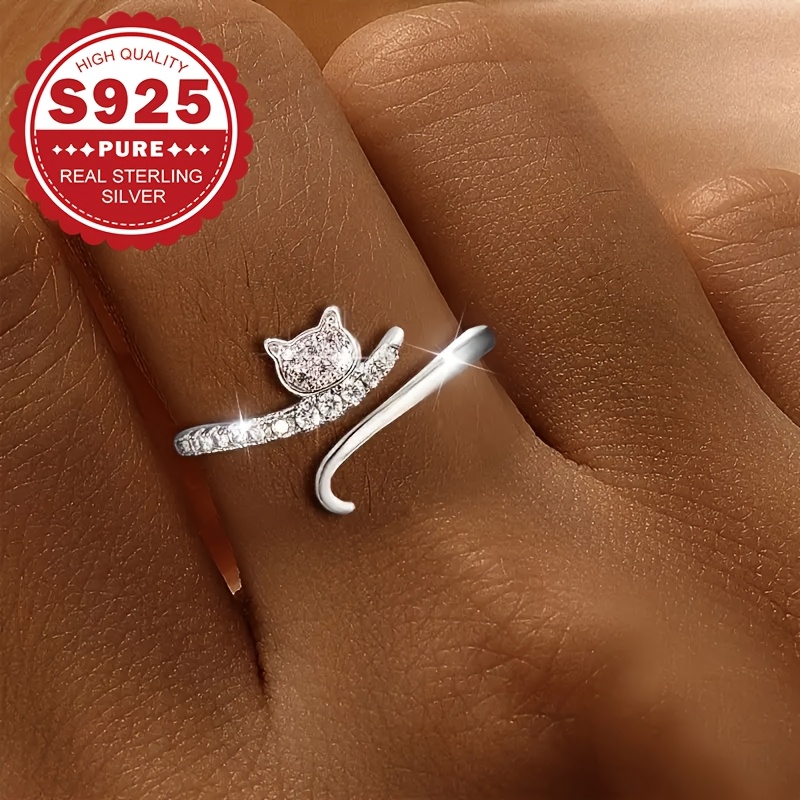 Women's S925 Sterling Silver Cute Cat Open Ring, Adjustable
